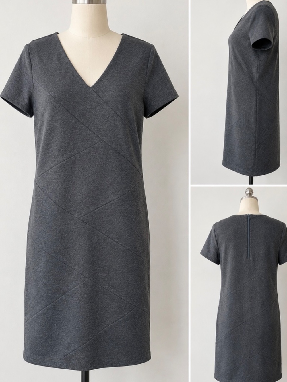 AGB Gray Sheath Dress Size 14 Short Sleeve V-Neck Career Office Dress